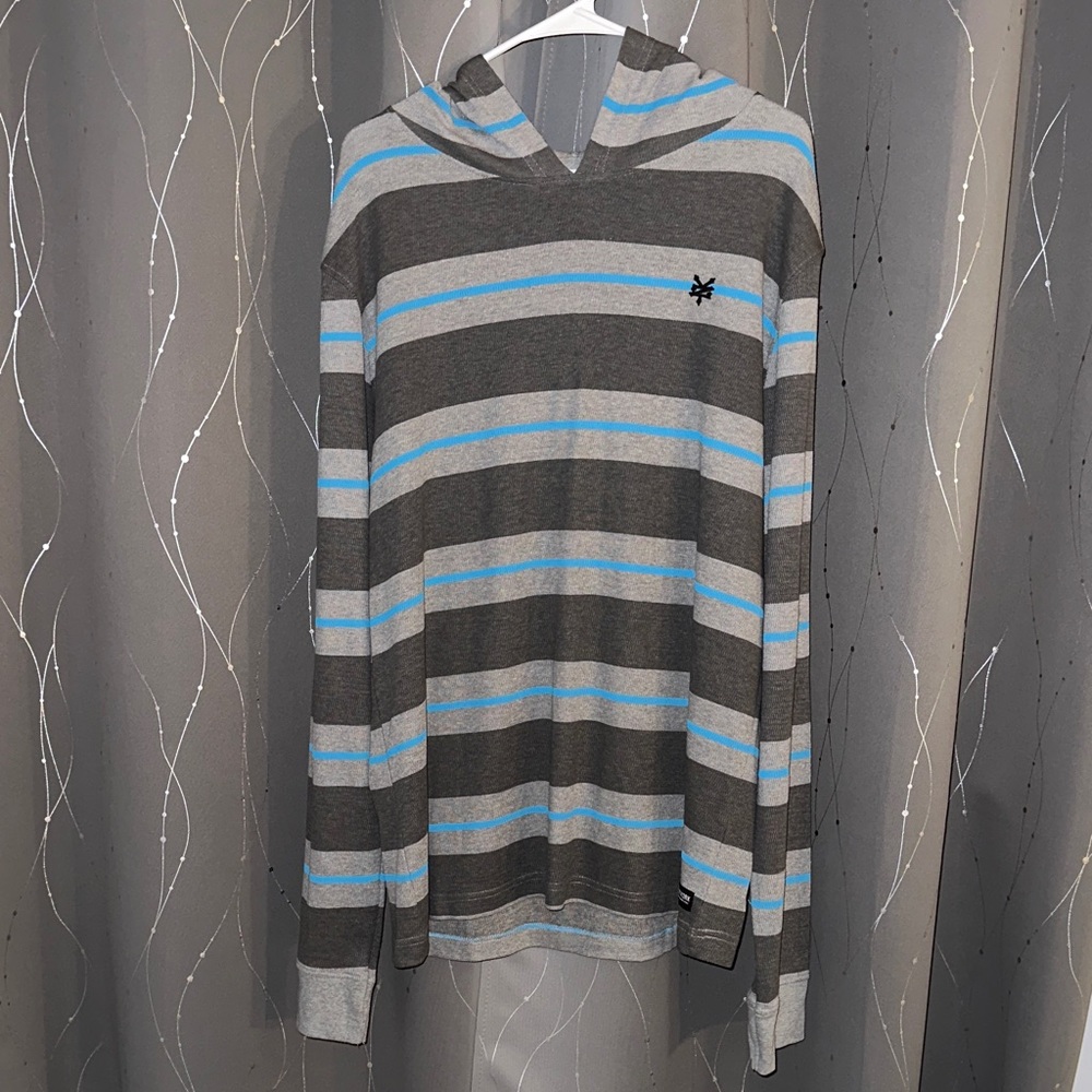 👙Zoo York Men’s Large Gray and Light Blue Striped Hoodie